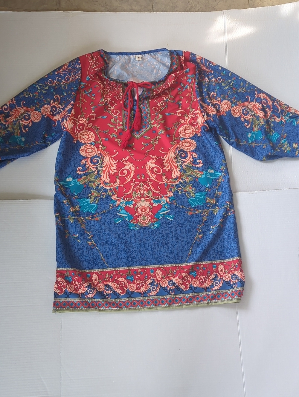 Women's Boho Floral Tie-Neck Tunic - Blue & Red